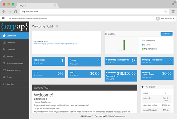MYAP affiliate onboarding and management interface